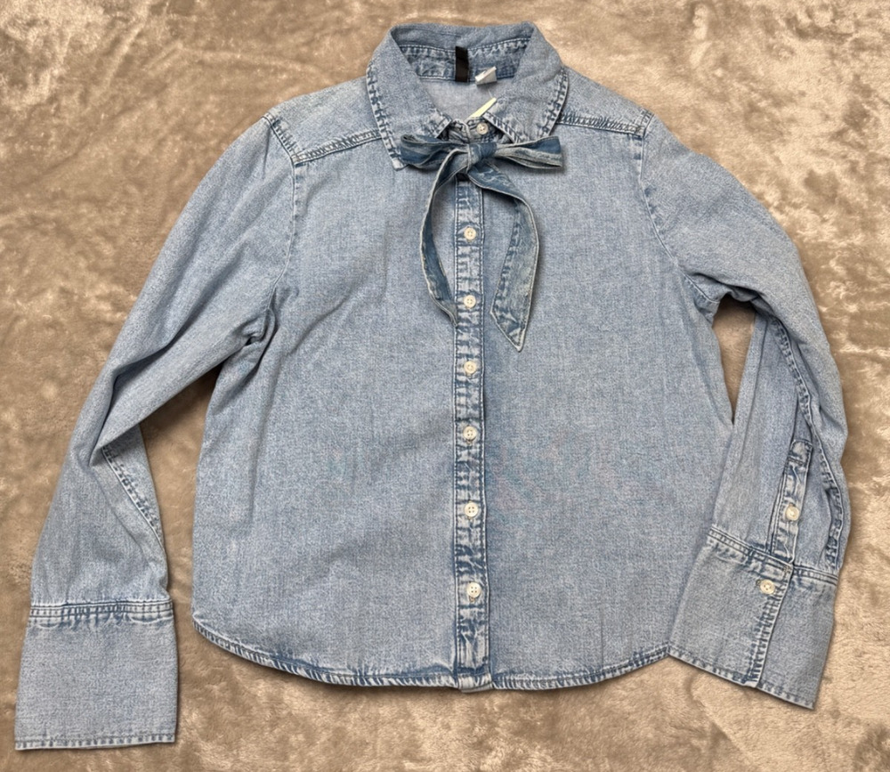 H&M Bow Blue Denim Dress Shirt Womens Size M NWT